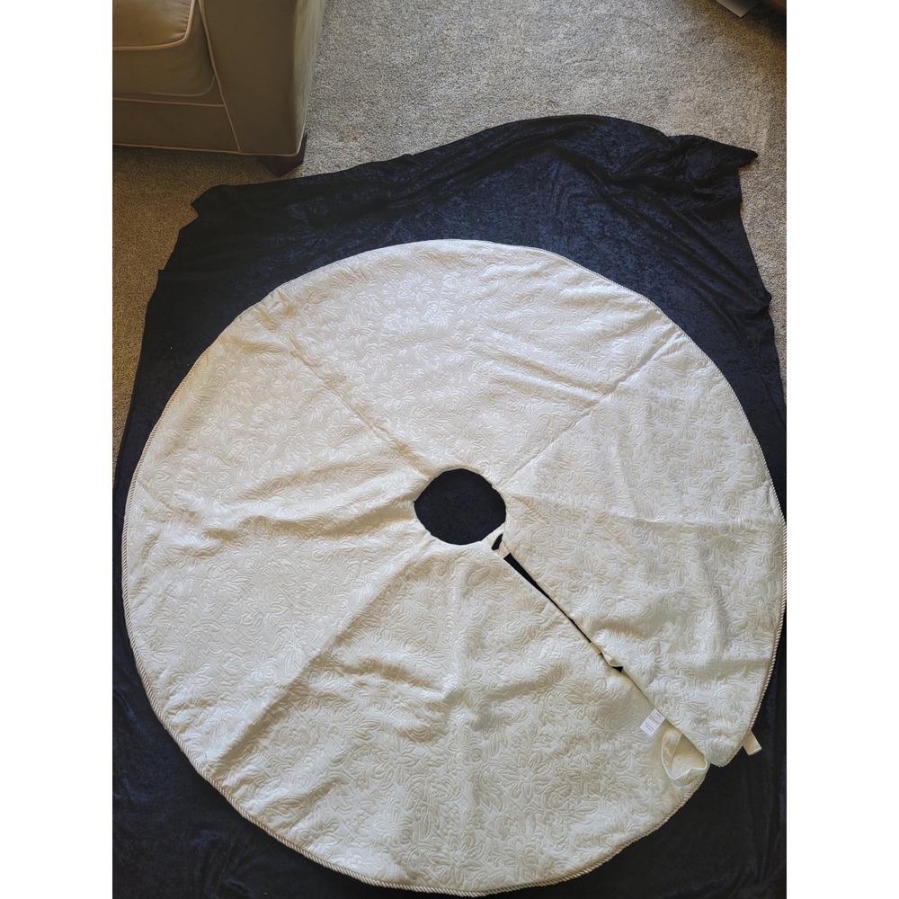 Large Cream White Ivory Christmas Tree Skirt 56" Rope Trim Embroidered elegant
